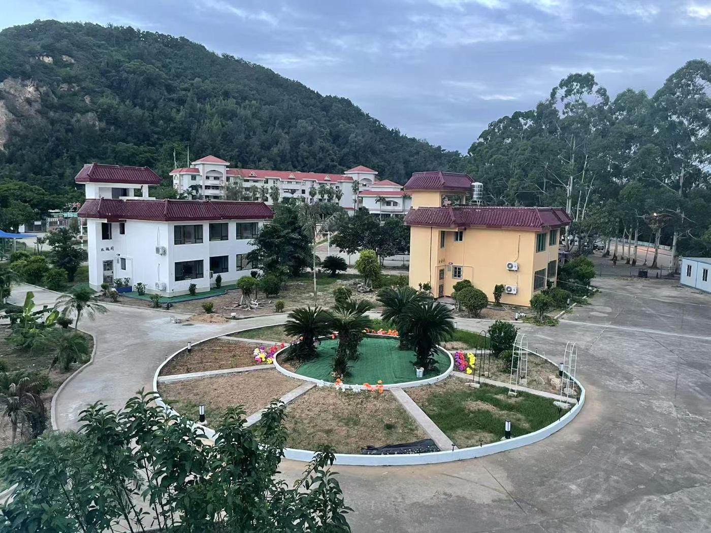 从楼上看度假村:中间是花坛,四周是彩色的别墅